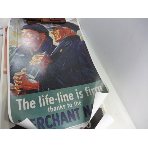 360 - A COLLECTION OF SEVEN REPRINTED WORLD WAR II POSTERS TO INCLUDE WINSTON CHURCHILL, MERCHANT NAVY, DI... 