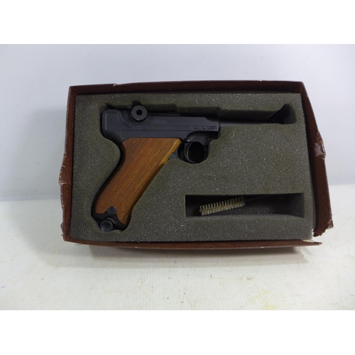 365 - A BOXED BLANK FIRING 8MM LUGER 08 PISTOL, 10CM BARREL, LENGTH 22CM