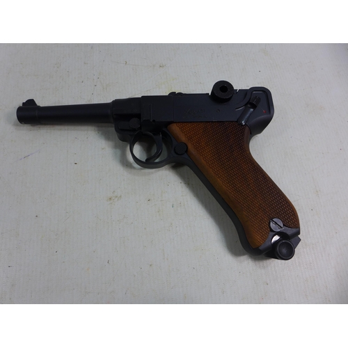 365 - A BOXED BLANK FIRING 8MM LUGER 08 PISTOL, 10CM BARREL, LENGTH 22CM