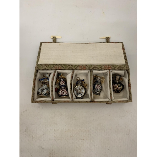 103 - FIVE VINTAGE CLOISONNE BRASS AND ENAMEL MINIATURE BOTTLES