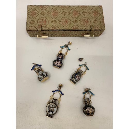 103 - FIVE VINTAGE CLOISONNE BRASS AND ENAMEL MINIATURE BOTTLES