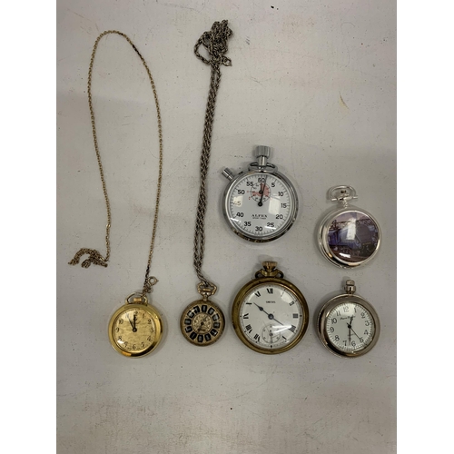 137 - FIVE POCKET WATCHES TOGETHER WITH A STOP WATCH (VENDOR STATES IN WORKING ORDER) NO WARRANTY GIVEN