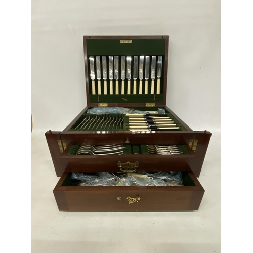 1 - A MAHOGANY CASED CANTEEN OF CUTLERY JAMES BOWDON SHEFFIELD ENGLAND WITH BRASS HINGES AND HANDLES THR... 