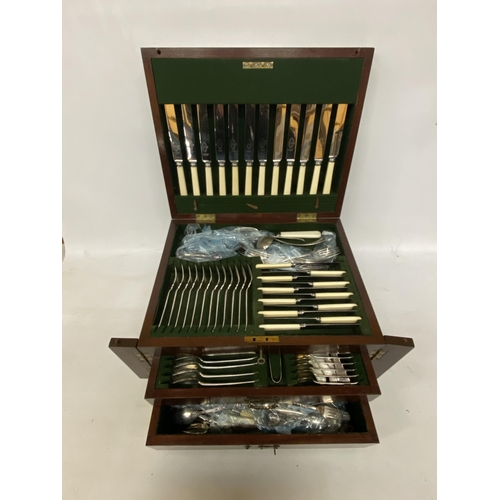 1 - A MAHOGANY CASED CANTEEN OF CUTLERY JAMES BOWDON SHEFFIELD ENGLAND WITH BRASS HINGES AND HANDLES THR... 