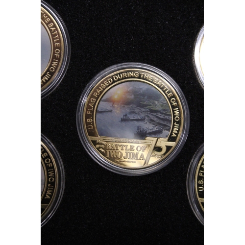 164 - A COLLECTION OF FIVE 24K GOLD PLATED BATTLE OF IWOJIMA BOXED COINS WITH CERTIFICATE