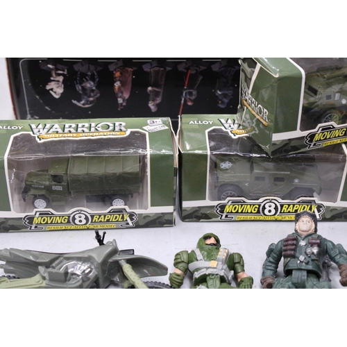 190 - FIVE BOXED ALLOY WARRIOR MILITARY OPERATION VEHICLES TOGETHER WITH FIGURES, ETC.,