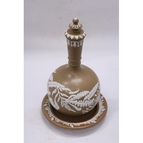 199 - AN ANTIQUE DUDSON JASPERWARE DECANTER AND UNDERPLATE, HEIGHT APPROX 29CM, RIM A/F