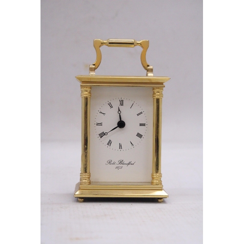 212 - A 20TH CENTURY BRASS CASED CARRIAGE CLOCK WITH ROMAN NUMERIC DIAL MARKED ROBERT BLANDFORD 1873 WITH ... 