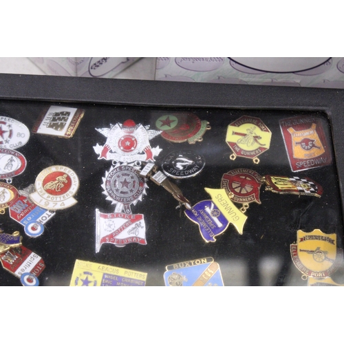 223 - A CASE CONTAINING A QUANTITY OF ENAMEL PIN BADGES TO INCLUDE STOKE SPEEDWAY THE POTTERS, ELLESMERE P... 