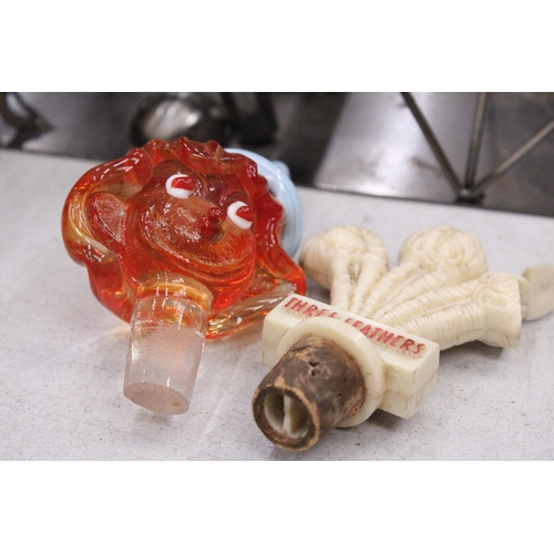 238 - TWO VINTAGE BREWERIANA MURANO BOTTLE STOPPER AND OPTIC HINGED FEATHER POURERS