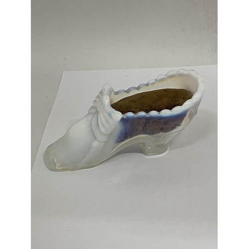 24 - A FENTON ART STYLE WHITE OPALESCENT GLASS PRINCESS SLIPPER PIN CUSION TOGETHER WITH AN OPALINE MILK ... 