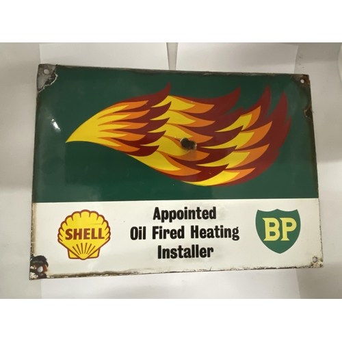 30 - A VINTAGE ENAMEL SHELL BP HEATING SIGN - 46.5 X 33.5 CM