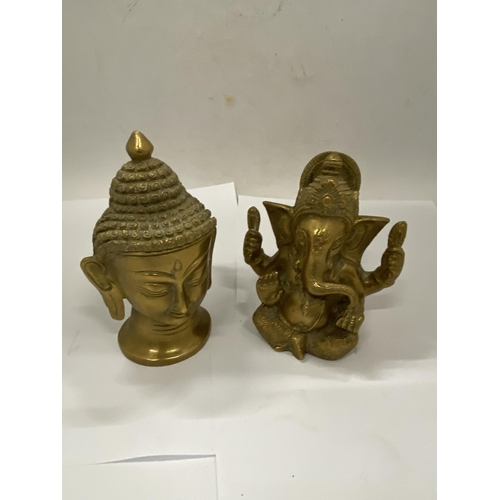 31 - A BRASS GANESHA STATUE (10.5 CM (H) ) TOGETHER WITH A BUDDHA HEAD - 12.5 CM (H)