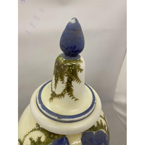 34 - A FRENCH STYLE OPALINE GLASS URN PARTIALLY HAND PAINTED WITH A TRANSFER OF A YOUNG MAIDEN - APPROX 5... 