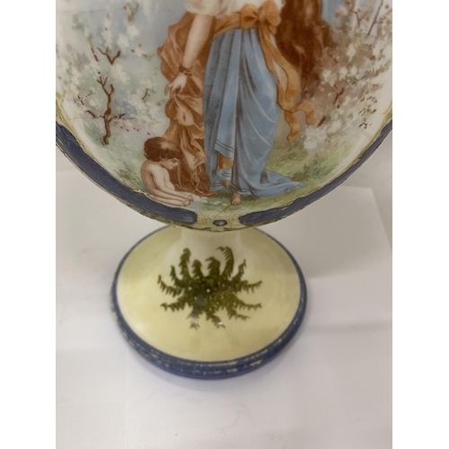 34 - A FRENCH STYLE OPALINE GLASS URN PARTIALLY HAND PAINTED WITH A TRANSFER OF A YOUNG MAIDEN - APPROX 5... 