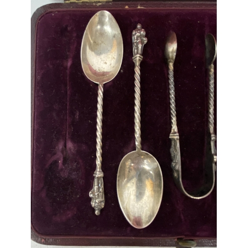 6 - A BOXED SET OF HALLMARKED SILVER BIRMINGHAM APOSTLE SPOONS TOGETHER WITH A SET OF SUGAR CUBE TONGS (... 