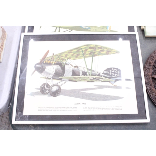 258 - A SET OF FOUR BRITISH AND GERMAN BI-PLANES AND TRI-PLANES IN METAL FRAMES - 16 X 12 INCH