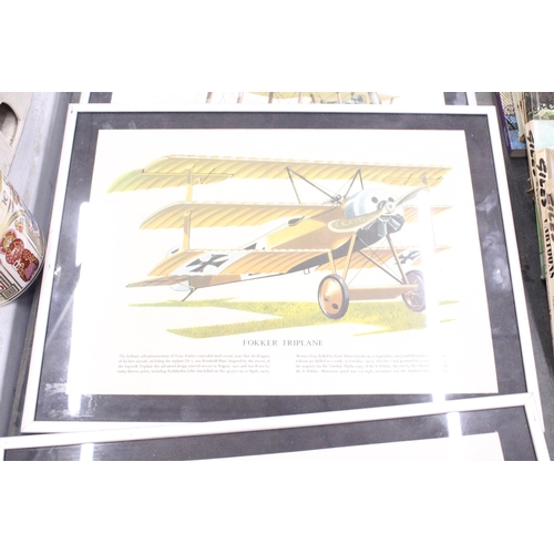 258 - A SET OF FOUR BRITISH AND GERMAN BI-PLANES AND TRI-PLANES IN METAL FRAMES - 16 X 12 INCH