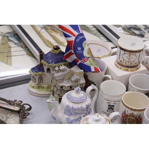 262 - A LARGE QUANTITY OF COLLECTABLES TO INCLUDE COMMEMORATIVE WARE, MOUSTACHE CUP, TEAPOTS, TRINKET POTS... 