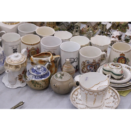 262 - A LARGE QUANTITY OF COLLECTABLES TO INCLUDE COMMEMORATIVE WARE, MOUSTACHE CUP, TEAPOTS, TRINKET POTS... 