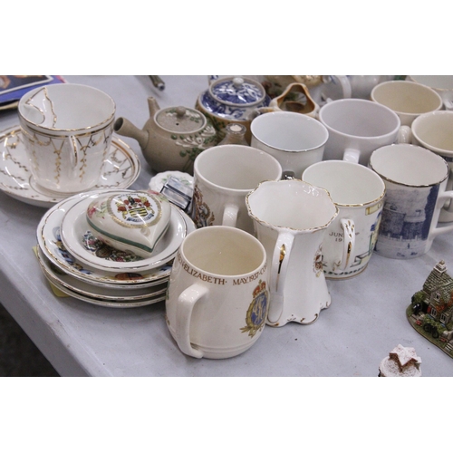 262 - A LARGE QUANTITY OF COLLECTABLES TO INCLUDE COMMEMORATIVE WARE, MOUSTACHE CUP, TEAPOTS, TRINKET POTS... 