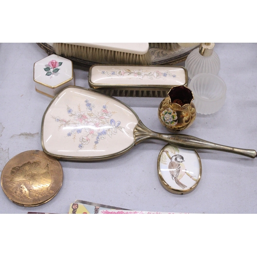 263 - A VINTAGE PETIT POINT EMBROIDERED DRESSING TABLE SET TOGETHER WITH A BOHEMIAN CZECH HANDPAINTED VASE... 