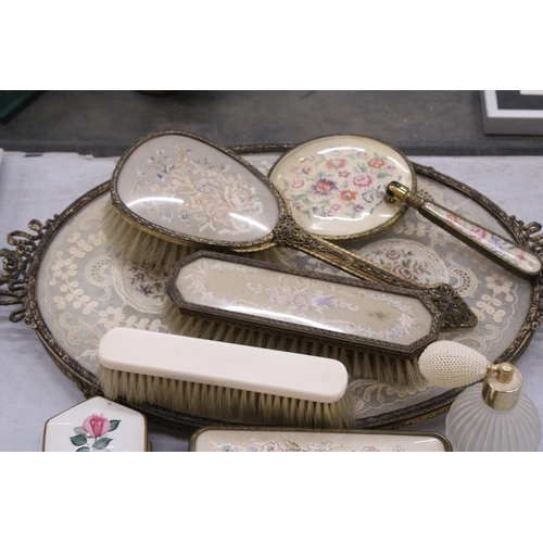 263 - A VINTAGE PETIT POINT EMBROIDERED DRESSING TABLE SET TOGETHER WITH A BOHEMIAN CZECH HANDPAINTED VASE... 