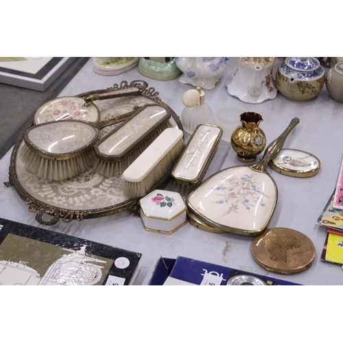 263 - A VINTAGE PETIT POINT EMBROIDERED DRESSING TABLE SET TOGETHER WITH A BOHEMIAN CZECH HANDPAINTED VASE... 