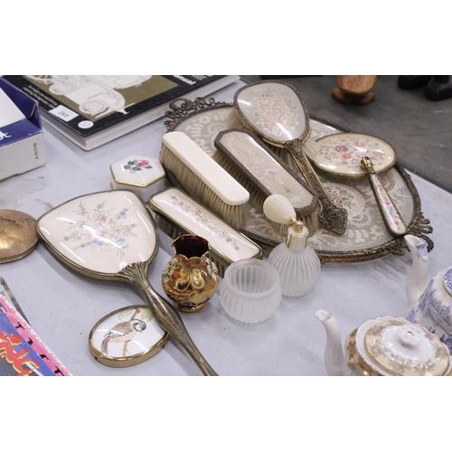 263 - A VINTAGE PETIT POINT EMBROIDERED DRESSING TABLE SET TOGETHER WITH A BOHEMIAN CZECH HANDPAINTED VASE... 