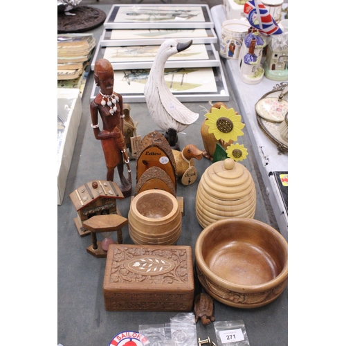 270 - A QUANTITY OF TREEN TO INCLUDE DCUK FIGURES, AFRICAN FIGURE, JEWELLERY BOX, EGG TIMER, ETC.,