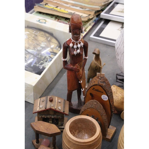 270 - A QUANTITY OF TREEN TO INCLUDE DCUK FIGURES, AFRICAN FIGURE, JEWELLERY BOX, EGG TIMER, ETC.,