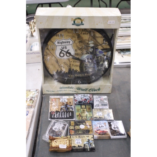 272 - A QUANTITY OF ROUTE 66 COLLECTABLES TO INCLUDE NOSTALGIC ART CLOCK, MAGNETS, SIGN, ETC.,