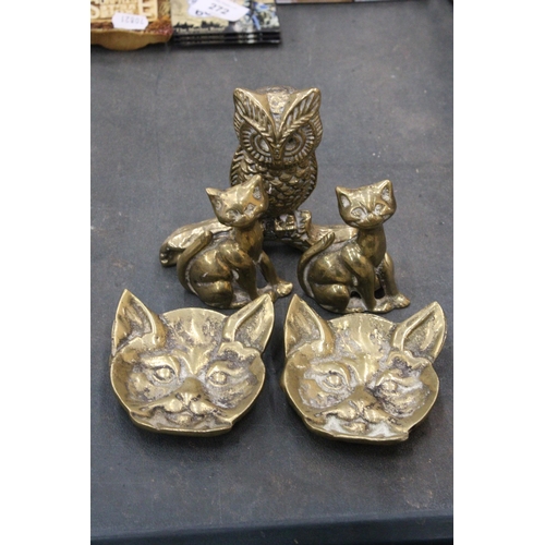 273 - A COLLECTION OF BRASS ITEMS TO INCLUDE VINTAGE CAT ASHTRAYS, CAT MODELS AN AN OWL