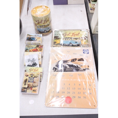 274 - A QUANTITY OF VOLKSWAGON BEETLE COLLECTABLES TO INCLUDE SIGNS, MONEY TIN, FRIDGE MAGNETS, ETC.,