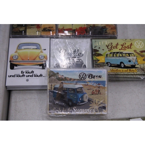 281 - A QUANTITY OF VOLKSWAGON BEETLE COLLECTABLES TO INCLUDE SIGNS, MONEY TIN, FRIDGE MAGNETS, ETC.,