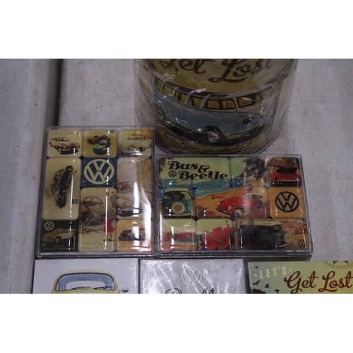 281 - A QUANTITY OF VOLKSWAGON BEETLE COLLECTABLES TO INCLUDE SIGNS, MONEY TIN, FRIDGE MAGNETS, ETC.,