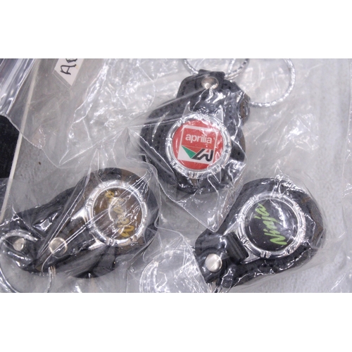 286 - A QUANTITY OF MOTORCYCLE KEYRINGS TO INCLUDE HONDA CBR, VIRAGO, KTM, ETC.,