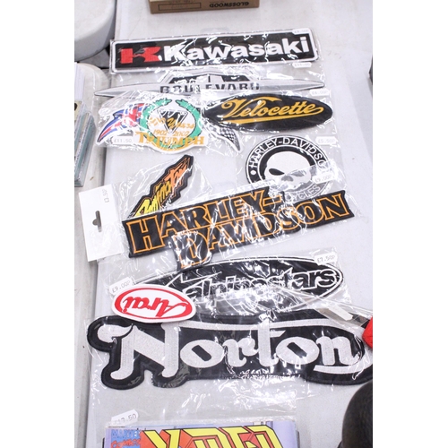 287 - A QUANTITY OF AS NEW, CLOTH SEW-ON BADGES TO INCLUDE NORTON, KAWASAKI, HARLEY-DAVIDSON, ETC.,