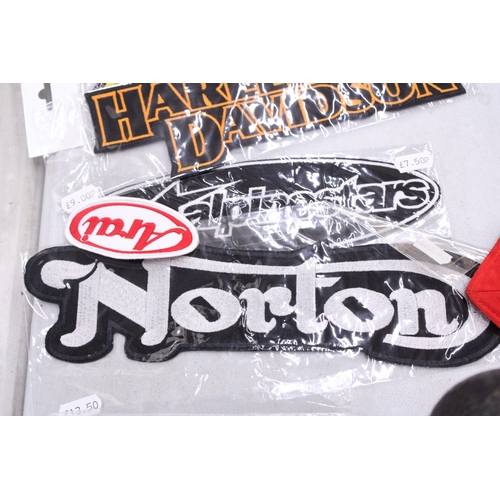 287 - A QUANTITY OF AS NEW, CLOTH SEW-ON BADGES TO INCLUDE NORTON, KAWASAKI, HARLEY-DAVIDSON, ETC.,