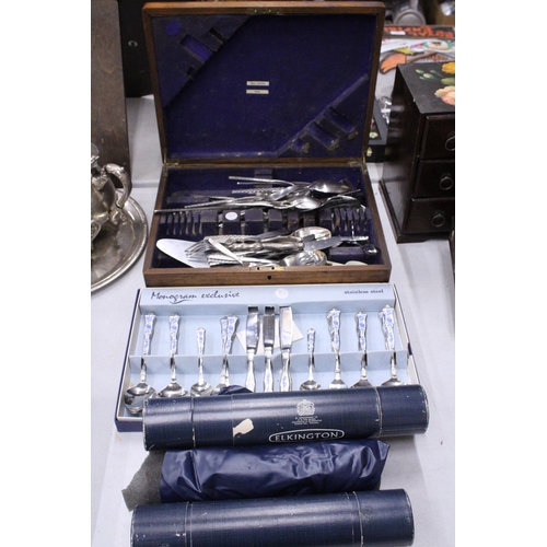 316 - A LARGE QUANTITY OF FLATWARE TO INCLUDE A BOXED MONOGRAM EXCLUSIVE STAINLESS STEEL CUTLERY SET AND E... 