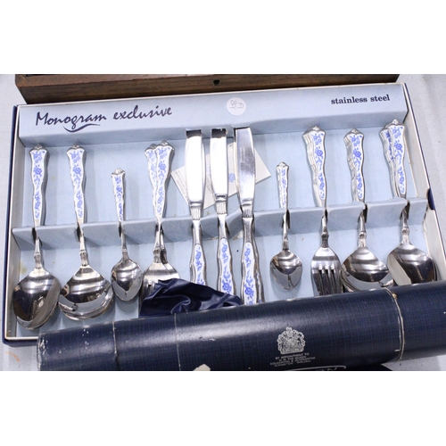 316 - A LARGE QUANTITY OF FLATWARE TO INCLUDE A BOXED MONOGRAM EXCLUSIVE STAINLESS STEEL CUTLERY SET AND E... 