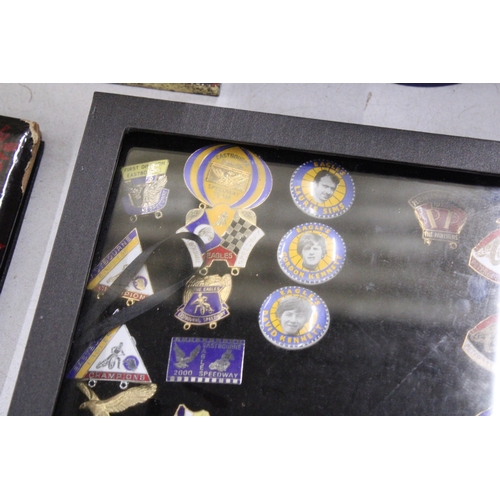 319 - A CASED QUANTITY OF ENAMEL PIN BADGES TO INCLUDE EAGLES DAVID KENNETT, PETERBOROUGH SPEEDWAY, EASTBO... 