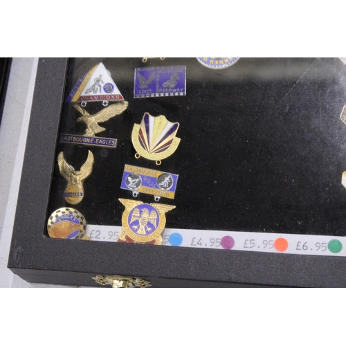 319 - A CASED QUANTITY OF ENAMEL PIN BADGES TO INCLUDE EAGLES DAVID KENNETT, PETERBOROUGH SPEEDWAY, EASTBO... 