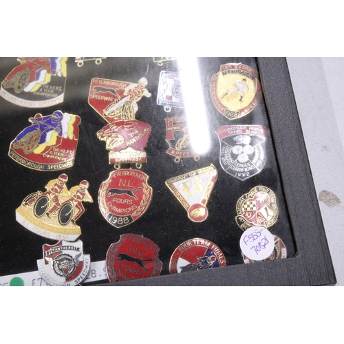 319 - A CASED QUANTITY OF ENAMEL PIN BADGES TO INCLUDE EAGLES DAVID KENNETT, PETERBOROUGH SPEEDWAY, EASTBO... 