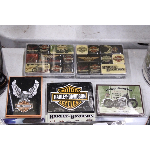 321 - A QUANTITY OF HARLEY-DAVIDSON COLLECTABLES TO INCLUDE MAGNETS, SIGNS, MONEY TINS, ETC.,