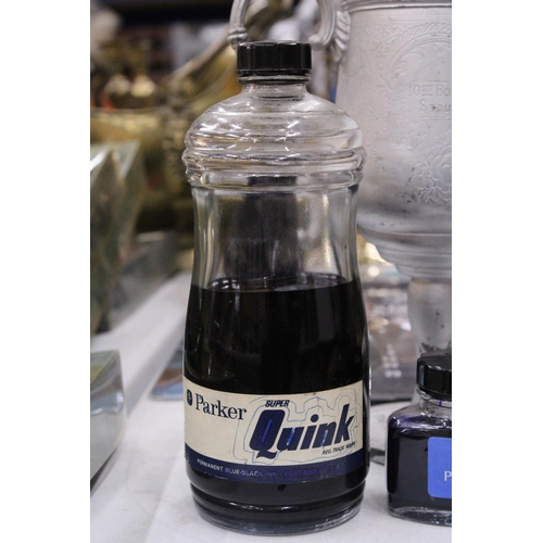 323 - TWO VINTAGE BOTTLES OF QUINK INK PLUS A 1911 BOXING TROPHY