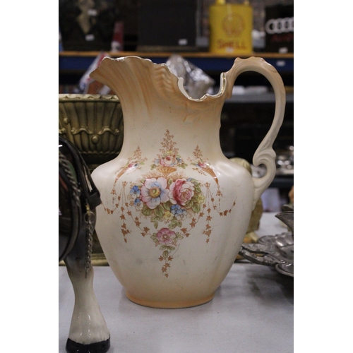 327 - A FIELDINGS DEVONWARE LARGE CERAMIC JUG/PITCHER TOGETHER WITH A MELBAWARE FIGURE OF A SHIRE HORSE AN... 