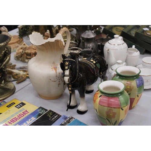 327 - A FIELDINGS DEVONWARE LARGE CERAMIC JUG/PITCHER TOGETHER WITH A MELBAWARE FIGURE OF A SHIRE HORSE AN... 