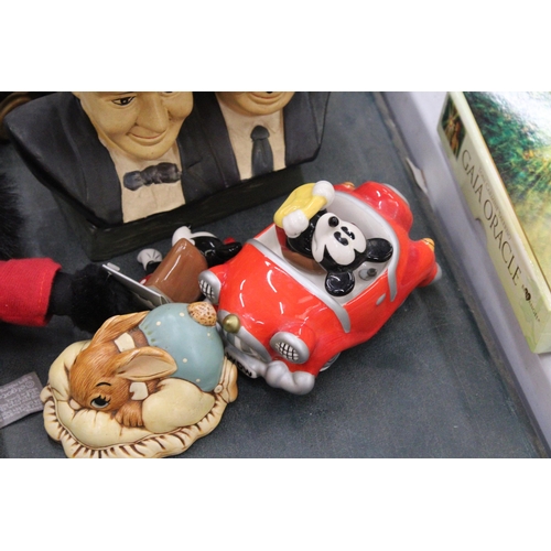 332 - A MIXED LOT TO INCLUDE A LAUREL AND HARDY FIGURE, MICKEY AND MINNIE MOUSE IN A CAR, A TEDDY, CANON, ... 