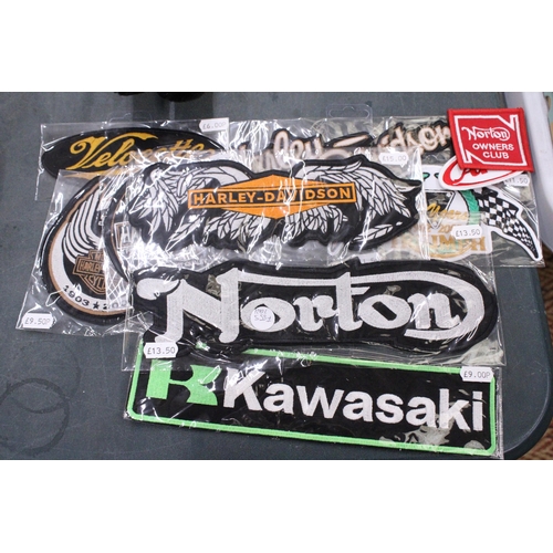 333 - A QUANTITY OF AS NEW, CLOTH SEW-ON BADGES TO INCLUDE NORTON, KAWASAKI, HARLEY-DAVIDSON, ETC.,